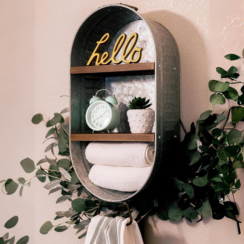 Cuve de lavage en métal galvanisé avec tablettes en bois - Décoration de salle de bain rustique pour rangement de serviettes - Organisateur de tablettes mural