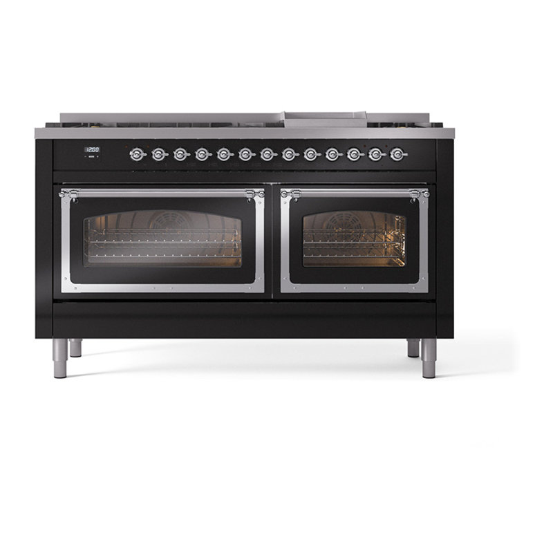 Cuisinière à double combustible ILVE Nostalgie II Series 60 po avec 9 brûleurs scellés et plaque de cuisson (gaz naturel, porte vitrée)