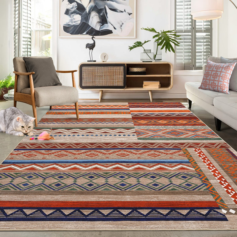 Geometric Machine Washable Rug for Living Room Bedroom Striped Non-Slip Low Pile Rubber Backing Area Rug for Playroom Office Kitchen Dining Room Dorm and Bedside Decor