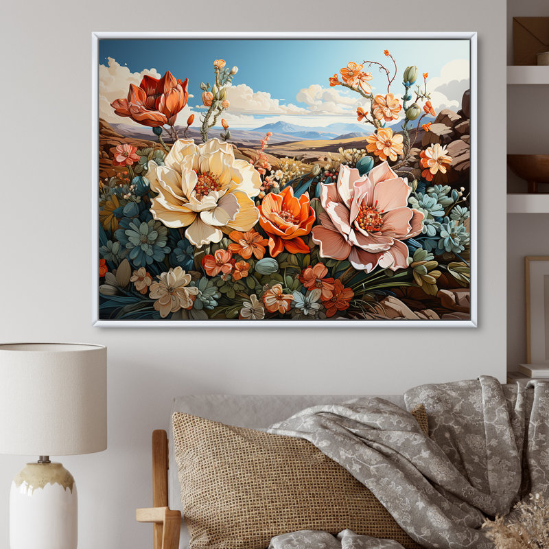 «Modern Cactus Country Charm» sur toile, Cadre flottant blanc, H 12 po x l 20 po x P 1 po