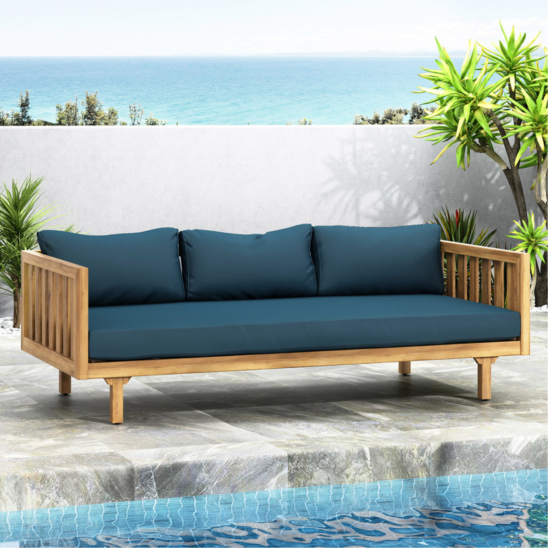 Banquette 3 places avec coussins en bois et eau, 172 cm (l) x 82 cm (p) x 61 cm (h), design moderne à lattes élégantes - Dimensions