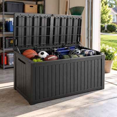 180 Gallon Durable resin outdoor storage deck box with waterproof uv-resistant design, good for patio cushions, pool toys and garden tools