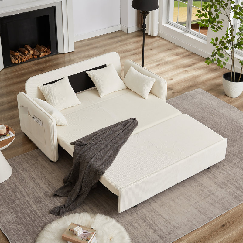 66 Inch Convertible Beige Sleeper Bed With Adjustable , Soft Corduroy, 4 Pillows, Side Pockets, High - Density Foam, For Bedroom And Small Apartment Pullout In Resilience Sponge, 2 Seat,