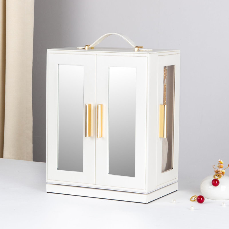 White MDF 360° Rotating Jewelry Storage Box with Glass Windows