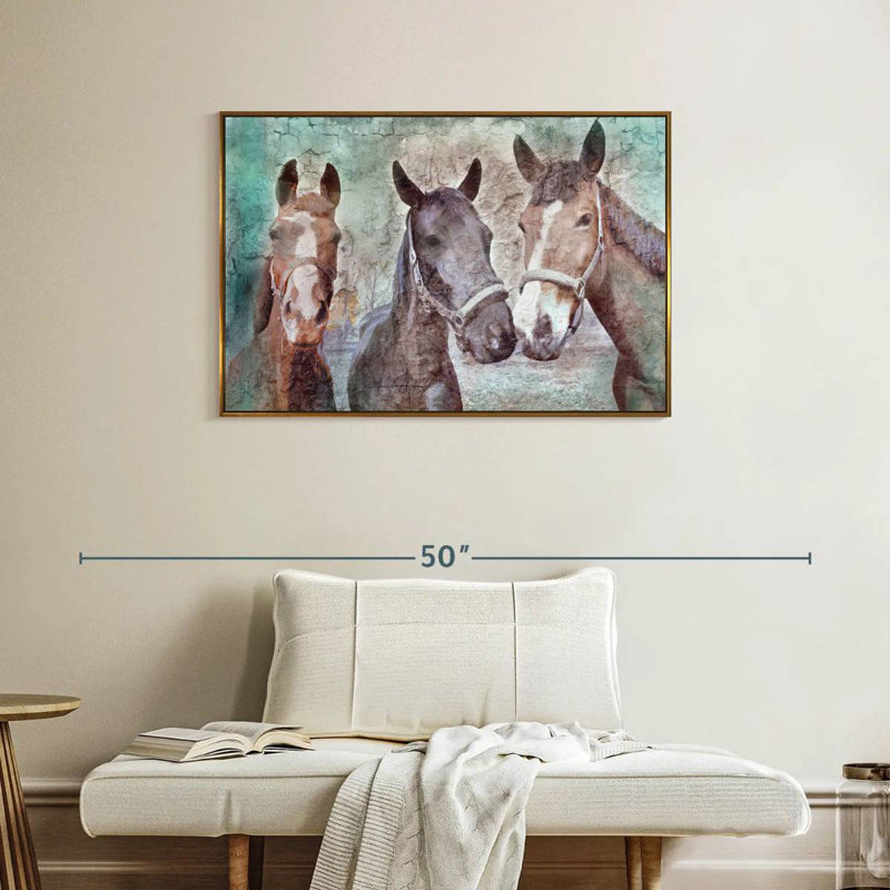 Trois chevaux voisins, Cadre flottant doré, 37 po x 25 po