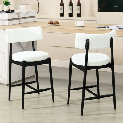 Of 2 Mid Century Modern Counter Stools With Black + Beige, Comfortable Boucle Seat, Rubber Wood, Curved Open Back, For Multiple Living Scenes High - Density Foam, Skin Boucle, Wood Construction,