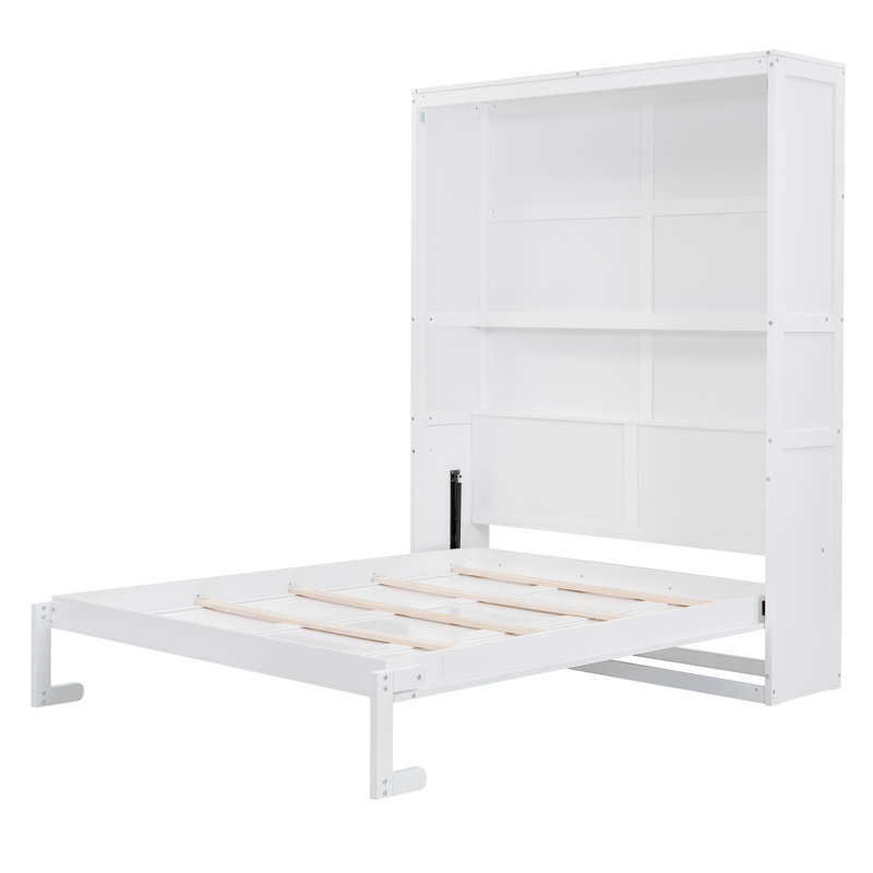 Queen Size Murphy Bed, Wall Bed with Shelves, Space Saving Storage Cabinet, White