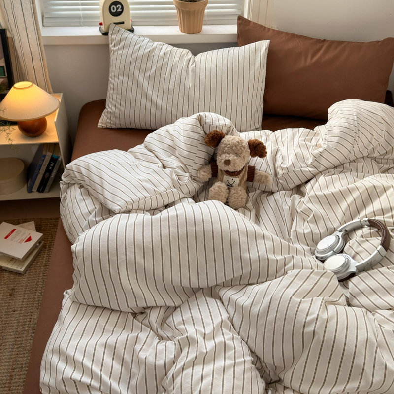 Ensemble de housse de couette chic à rayures beige et blanc Housse de couette respirante à rayures avec taies d'oreiller