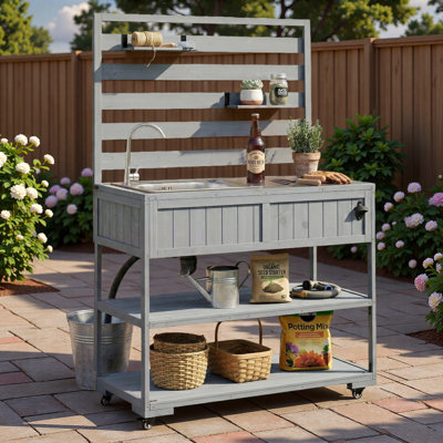 Large Patio Rolling Kitchen Island Cart With With Sink, Stainless Table Top, Open Shelving, 2 Movable Shelves And 1 Bottle Opener