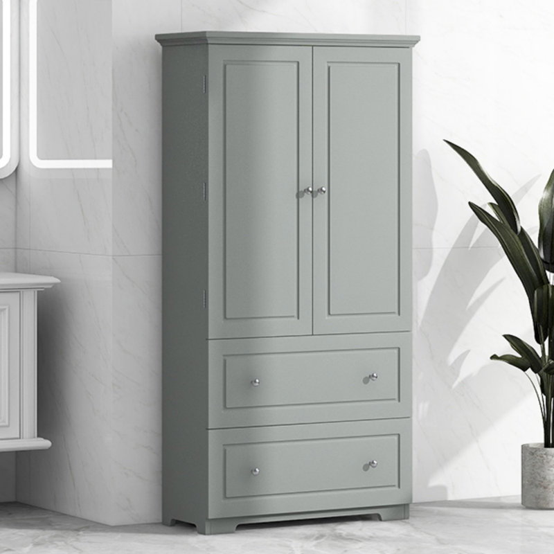 Large armoire de rangement pour salle de bain, armoire de rangement autoportante avec deux tiroirs et tablette réglable, panneau de fibres à densité moyenne avec finition peinte, gris