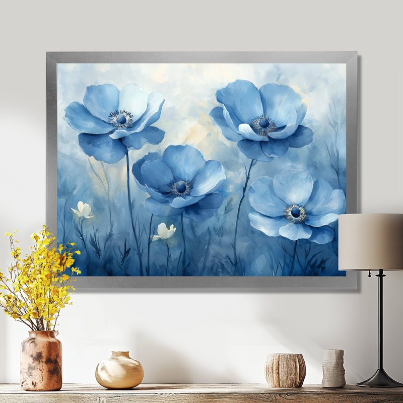 Ikesha A Petal Ballet In Delicate Poppies - coquelicots, art mural, Argent argent, H 34 po x l 44 po, Floater Framed