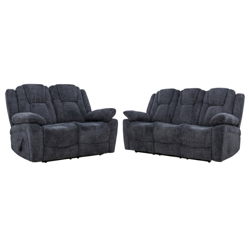 2-piece Dark Grey Upholstered Manual Reclining Sofa & Loveseat Set, 2 Pcs: Loveseat, Sofa