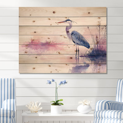 Héron mauve et bleu au crépuscule II - héron, art mural en bois animal - sur bois de pin naturel