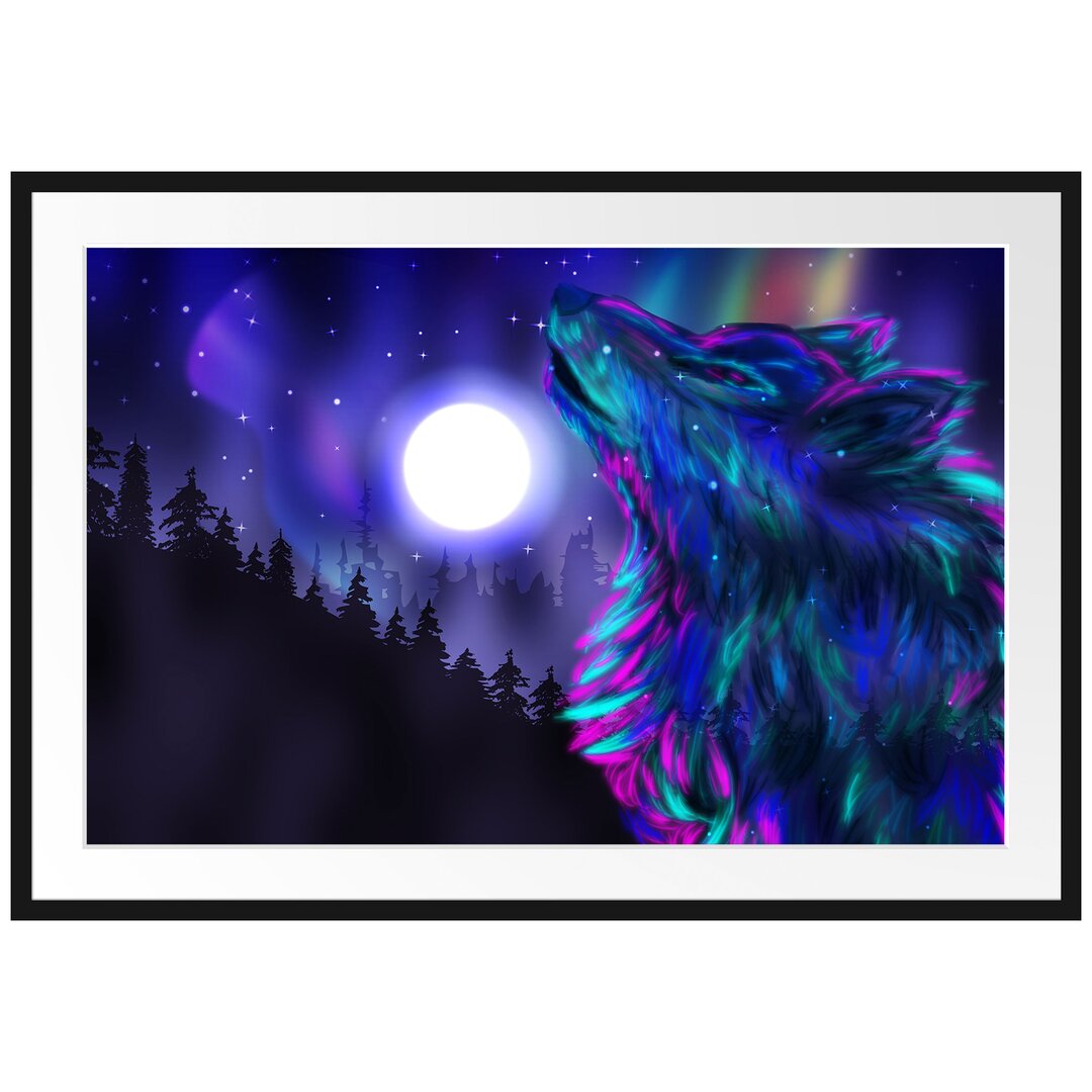 Gerahmtes Poster Abstrakter Wolf mit Mond