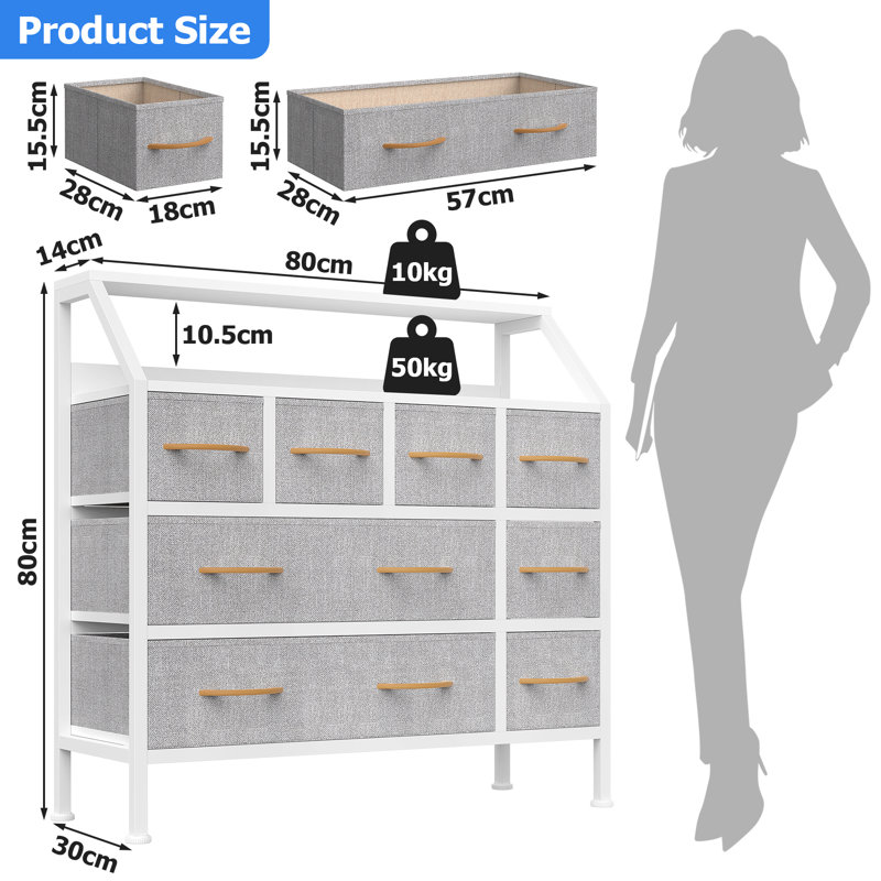Steel 80 cm W Chest of 8 Drawers, Light Grey