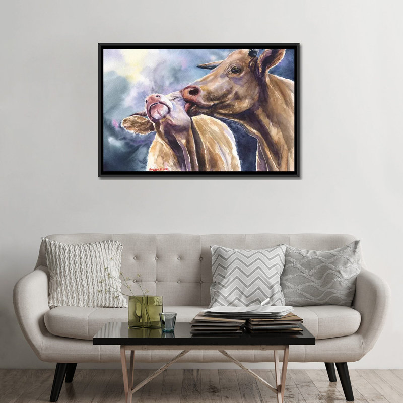 Cows par George Dyachenko - reproduction d'art sur toile, H 18 po x l 26 po x P 1,5 po, Toile avec cadre noir, Pas de tapis