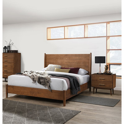 Walnut Color Panel Headboard 3Pc Bedroom Set Bed 2X Nightstands Wooden Mid-Century Modern Style