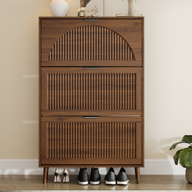 Modern Fluted Shoe Storage Cabinet, 3 Flip Drawers with Adjustable Shelves, Holds Up to 24 Pairs, Freestanding Wood Shoe Organizer for Entryway, Hallway & Living Room