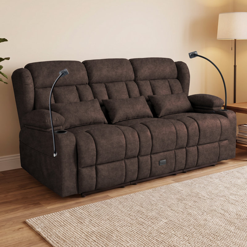 Sofa 3 places inclinable manuel, canapé inclinable avec rangement dissimulé, porte-gobelets et supports pour téléphone, fauteuil de cinéma maison avec tiroir