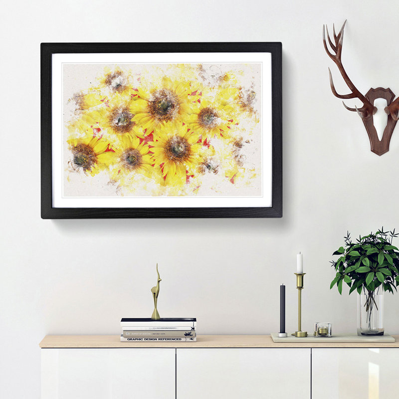Wall Of Yellow Sunflowers - Single Picture Frame Print on MDF, Black, 45cm H x 63cm W x 2cm D