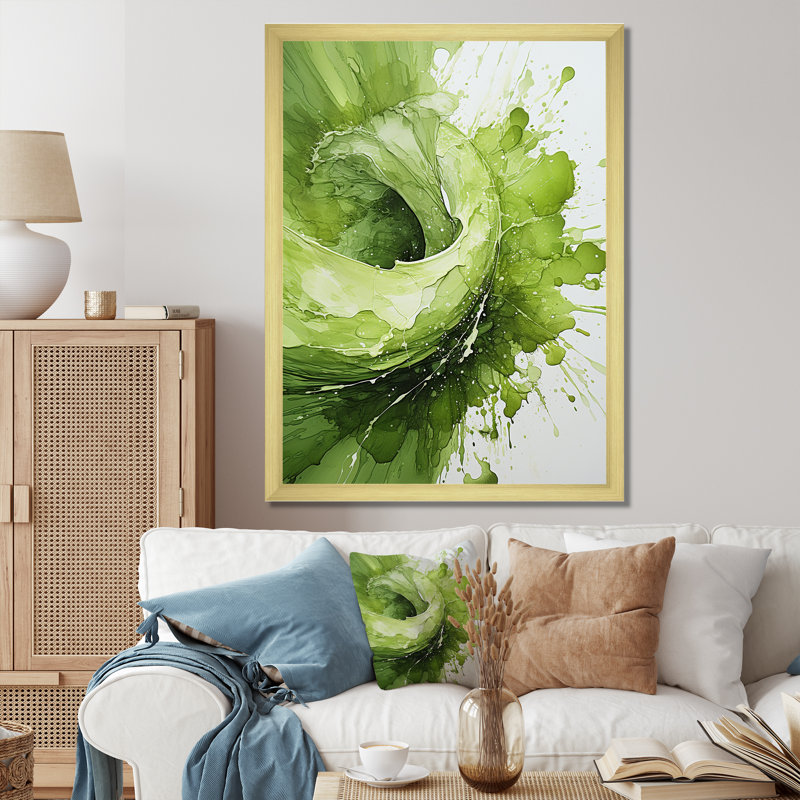 «Green and White Whsipering Abstract Spiral IV», art mural spirales abstraites, Cadre doré simple, H 32 po x l 24 po x P 1 po