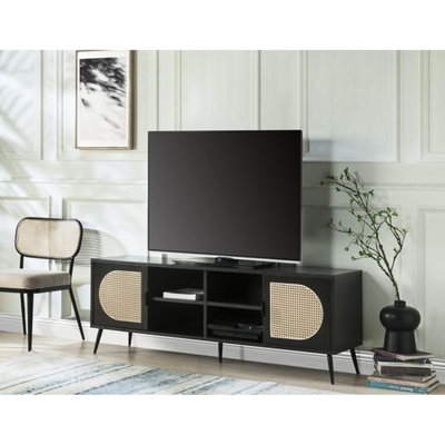 Fashionable Tv Stand, Black, Metal Legs, Veneer Cabinet, Veneer, 50-59 Elegant Stand In Black With Cabinet & Insert, 50 - 59