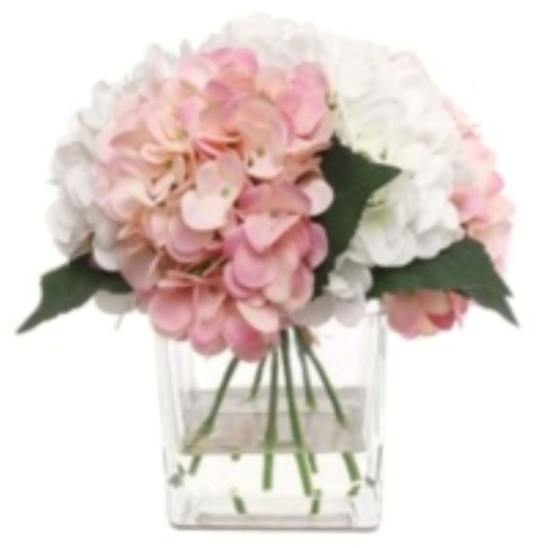 Ensemble de 8 arrangements d'hortensias roses et blancs | Faux fleurs dans des vases en verre avec un aspect d'eau - Décoration en vrac pour les événements et les maisons