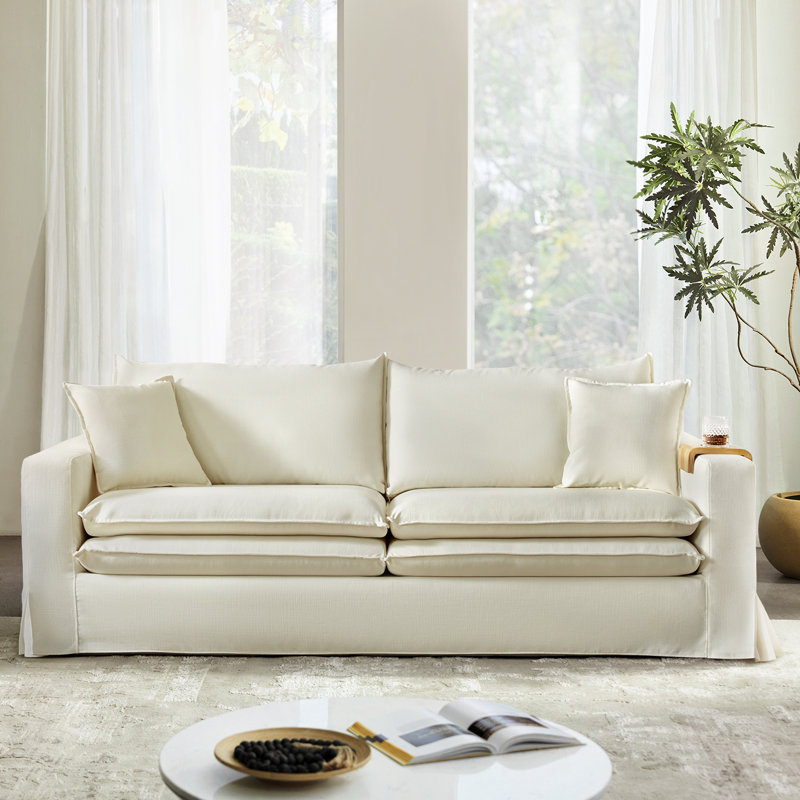 Wimberly 87" Upholstered Slipcovered Sofa With Solid Wood Cup Holder, White