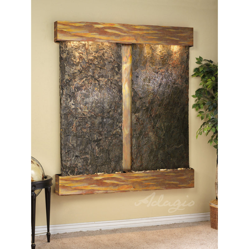 Cottonwood Falls Fountain with Light, Stainless Steel, Green Slate, Square