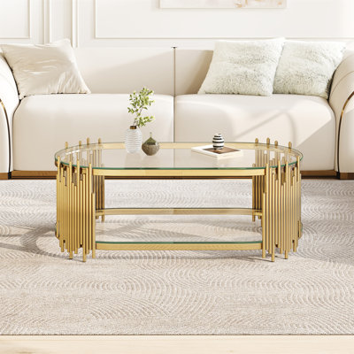 Table basse ovale avec tablettes en verre trempé à 2 niveaux