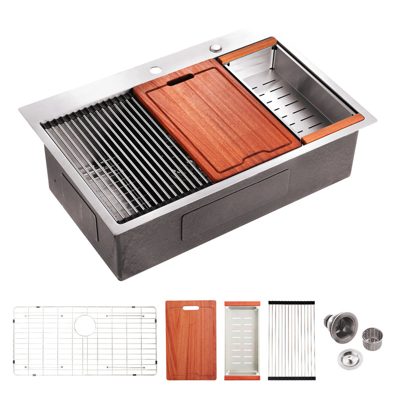 Évier de cuisine encastré à simple cuve en acier inoxydable 33 po x 22 po x 10 po avec station de travail