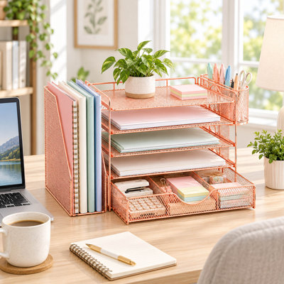 Organiseur de bureau à 4 niveaux en or rose avec tiroir et porte-stylos