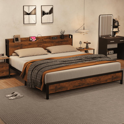 King Size Platform Bed with Storage Headboard and Built-In Charging Station, Rustic Wood and Metal Frame, No Box Spring Needed for Industrial Bedrooms