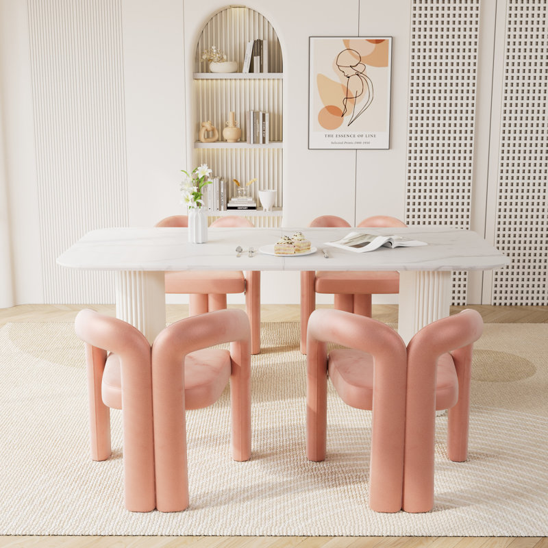 Ensemble de table de salle à manger à double piédestal en marbre blanc, 5, Rose