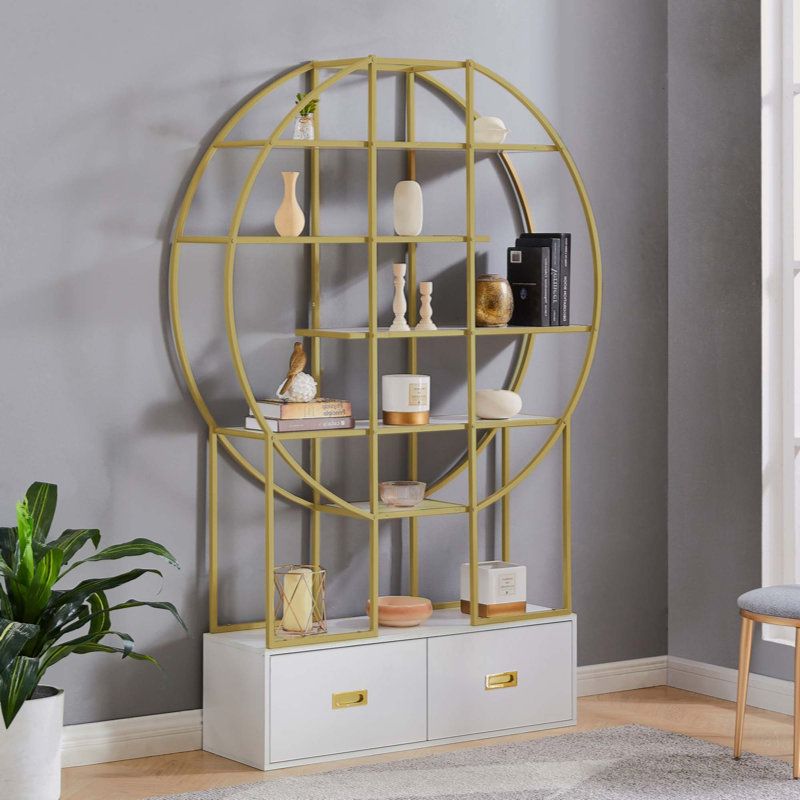 Nariya 5 Tiers Steel Round Office Bookcase,High-quality MDF Board Bookshelf with Open Display Shelf and 2 Drawers