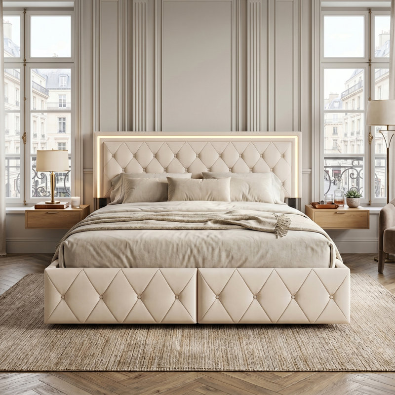 EU Double & King PU Storage Bed With 4 Drawers & LED Headboard, Faux Leather Upholstered Frame,  Beige & Grey, Beige