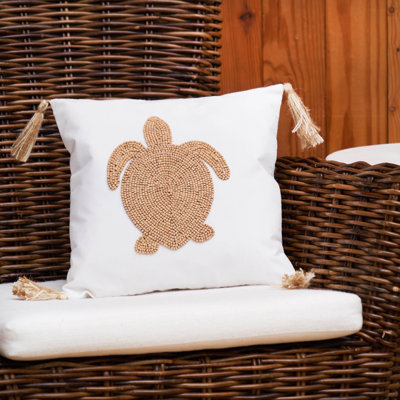 Turtle Handmade Wood Beaded Throw Pillow
