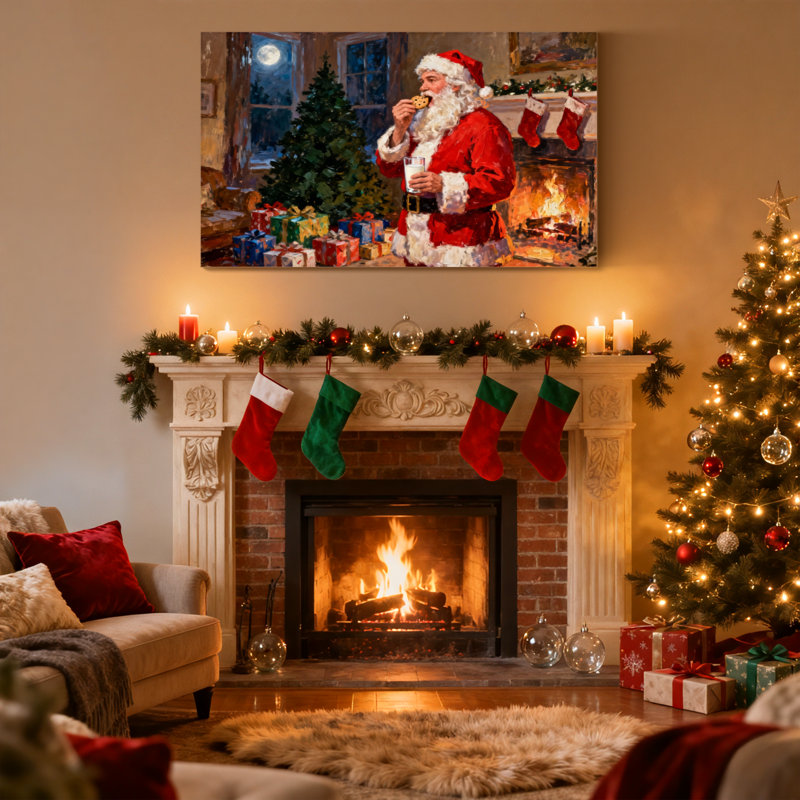 «Christmas Santa Claus Eating Cookie By Fireplace», ensemble de 3 impressions sur toile, H 20 po x l 30 po