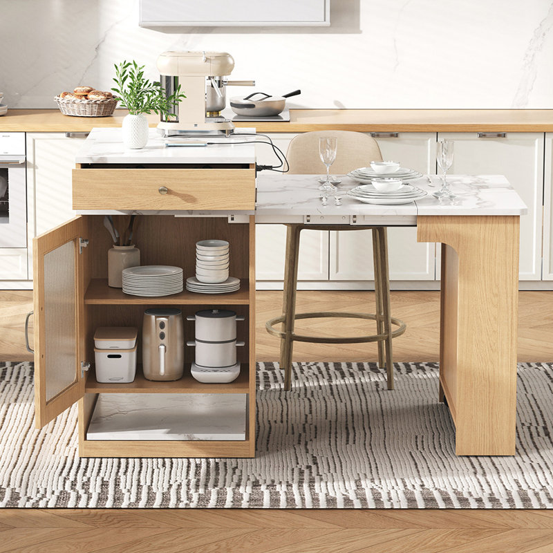 Îlot de cuisine extensible avec table de salle à manger, rangement double-face et prise de courant intégrée pour une utilisation polyvalente et une efficacité maximale de l'espace