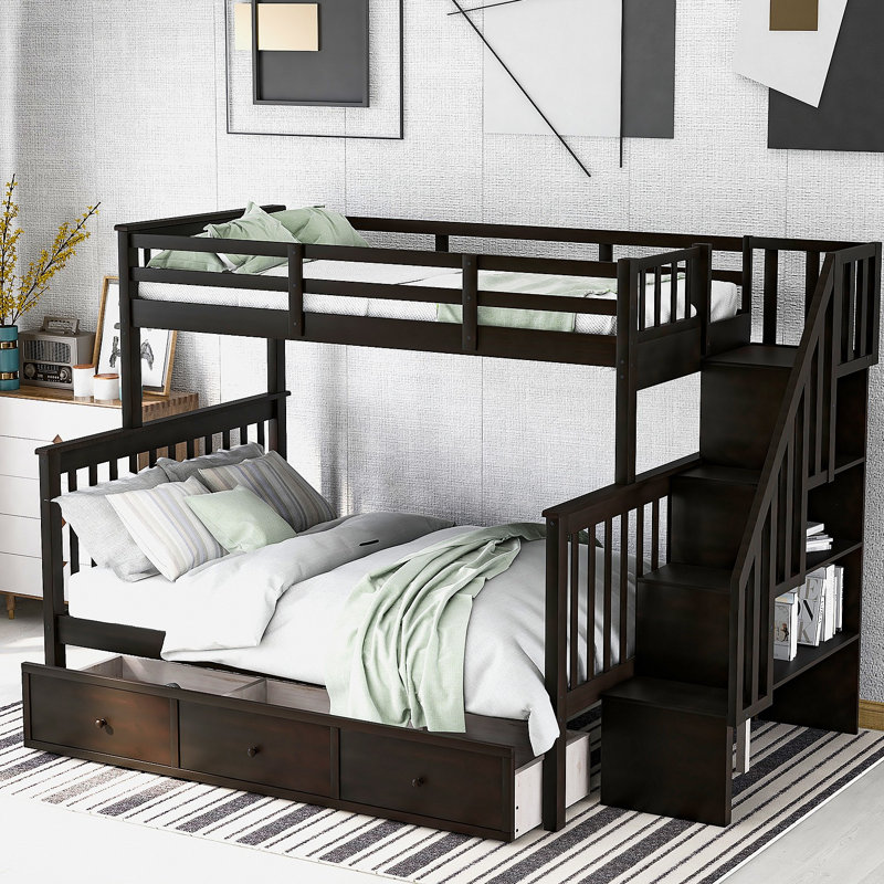 Lit superposé avec tiroir, rangement et garde-corps pour chambre à coucher, dortoir, Espresso
