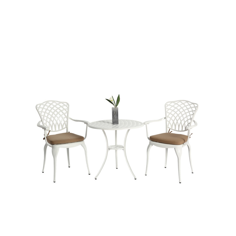 3 Piece Patio Bistro Set Cast Aluminum Bistro Table And Chairs Set Of 2 With Umbrella Hole, White
