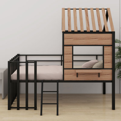 Metal Loft Bed With Roof, Window, Guardrail, Ladder