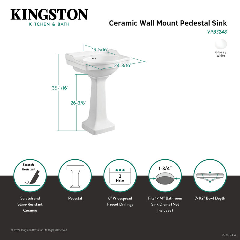 Lavabo sur pied en céramique Kingston, H 35,06 po x l 19,31 po x L 24 po