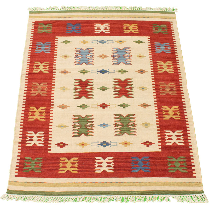 Tapis rouge / crème / vert en laine fait à la main Innis