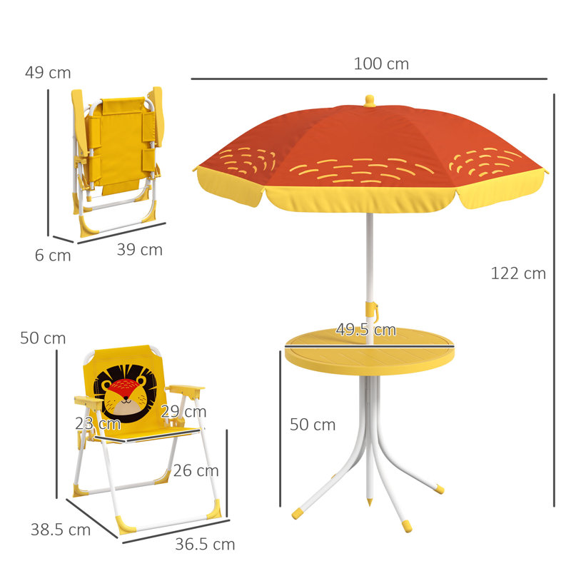 Outsunny Kids Bistro Set Lion Themed w/Adjustable Parasol 4 Pieces Yellow