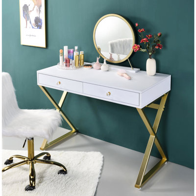 Vanity Desk With Jewelry Tray And Removable Mirror, Rectangular Layout, White Gold Look, Metal Frame, 2 Drawers For Bedroom Organization Design, Appearance, Structure,