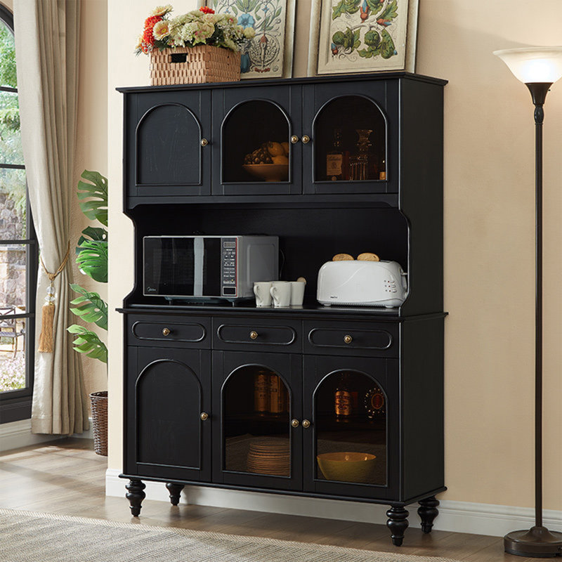 Tall Solid Wood Sideboard in Black with Arched Glass Doors, Vintage Two-Tier Storage Cabinet, 69.29" H x 51.18" W x 15.75" D