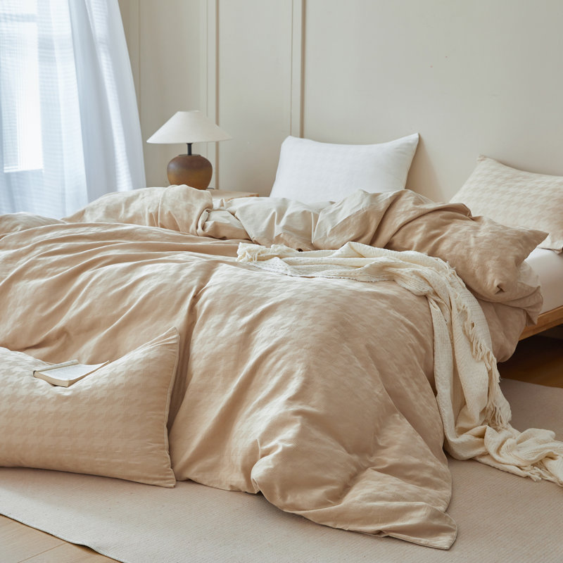 Literie 100 % coton à motif pied-de-poule et tissage gaufré, Queen, Khaki