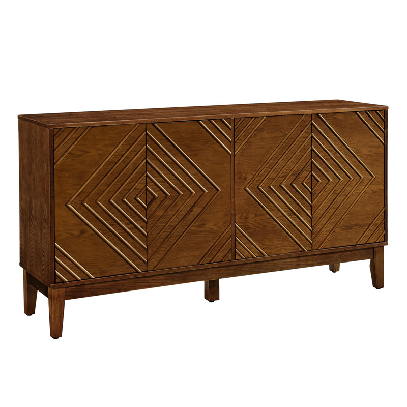 Buffet 60,5 po Mid Century Modern avec tablettes réglables, motif géométrique et rangement spacieux pour le salon, la cuisine et la salle à manger, finition noyer