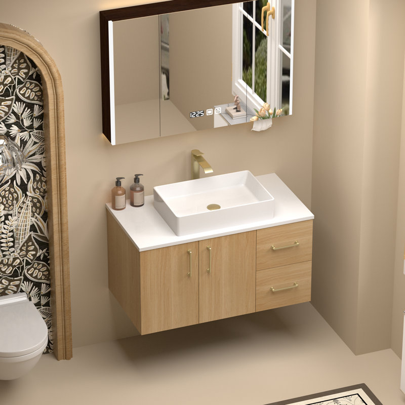 Meuble-lavabo mural 36 po avec comptoir en quartz blanc et vasque carrée en céramique